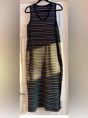 Pact Organic Cotton Navy Striped Maxi Dress Medium